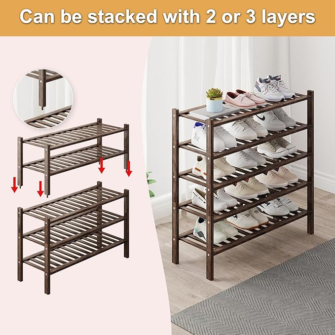 Bamboo Shoe Rack Organizer for Closet and Entryway - Space-Saving Narrow Shoe Stand - Versatile Shoe Holder for Door or Closet Shelf,Garage Bedroom can Freely Stack DIY Small Shoe Racks 3 Tier Brown