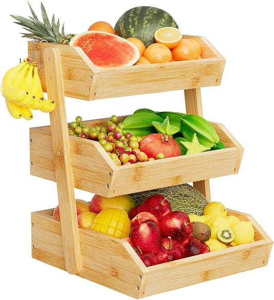 Bamboo 3 Tier Fruit Basket For Counter, Large Capacity Fruit Storage Countertop, Fruit Holder, Wooden Pantry Organizers and Storage, Kitchen Countertop Organizer With 2 Banana Hangers (Bamboo)