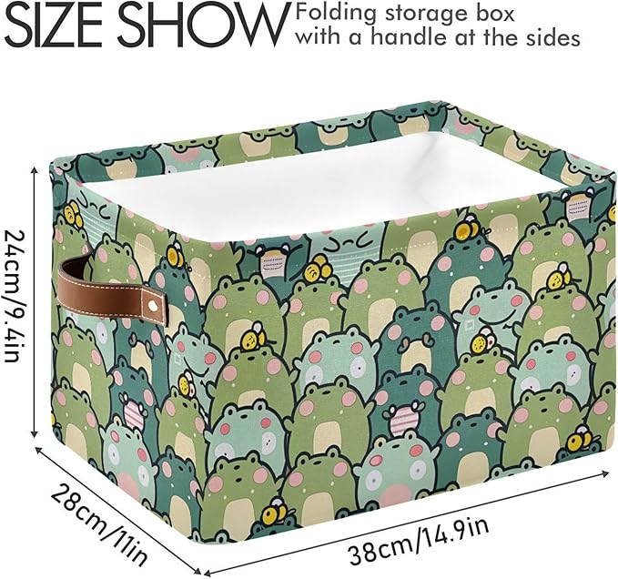 xigua Kawaii Frogs Storage Basket Collapsible Storage Bins Waterproof Canvas Storage Basket with Leather Handles for Home Closets Offices,Bedrooms,Gift Baskets,1PCS