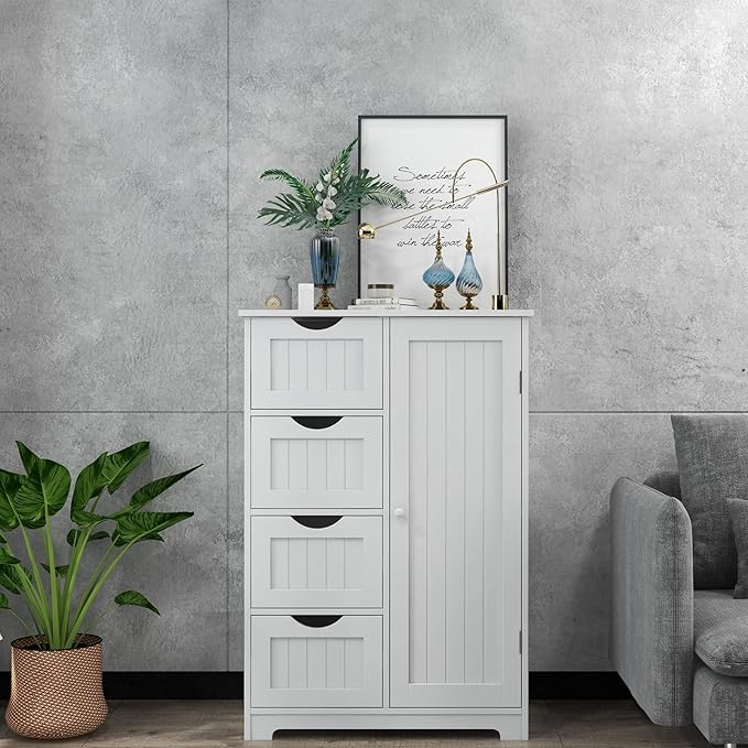 Giantex Bathroom Storage Cabinet with Drawers - 4 Drawer Storage Organizer w/Cupboard, Adjustable Shelf, Anti-Toppling Device, Entryway Storage Unit Console Table, Bathroom Floor Cabinet (White)