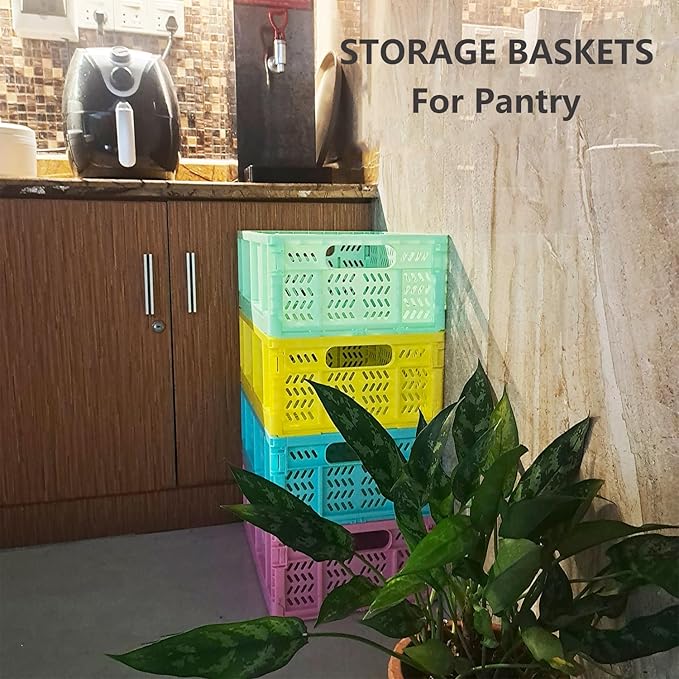 20L Folding Crate, 4Pack Plastic Storage Baskets Organizer for Home and Office,Collapsible Storage Crates for Home Office and Outdoor Organizer. (Mix Colors)