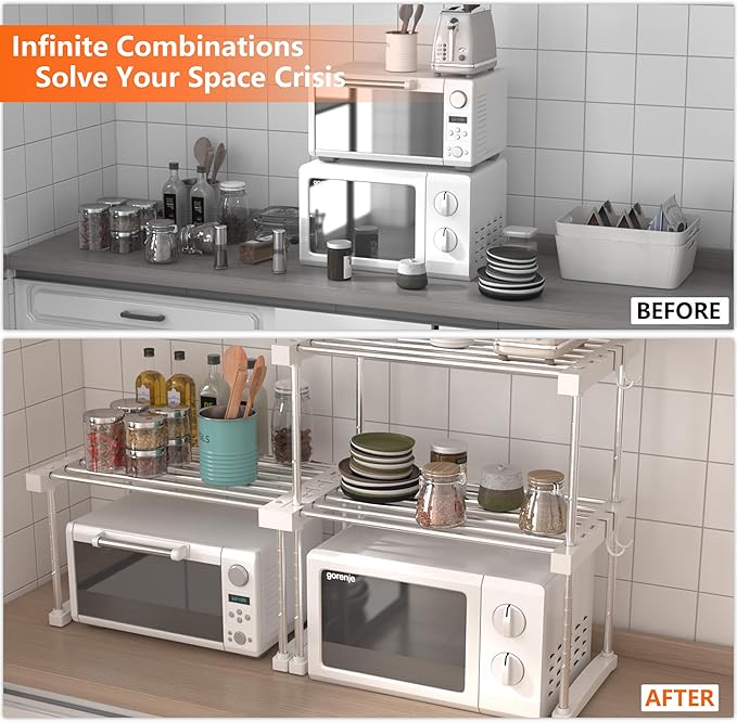 BLULEE Dual-Adjustable Cabinet Organizer Shelf,Expandable Width & Height Stackable Spice Rack with Snap-Lock,2-Tier Kitchen Organization and Storage for Under Sink,Countertop,Pantry,White,2Pack