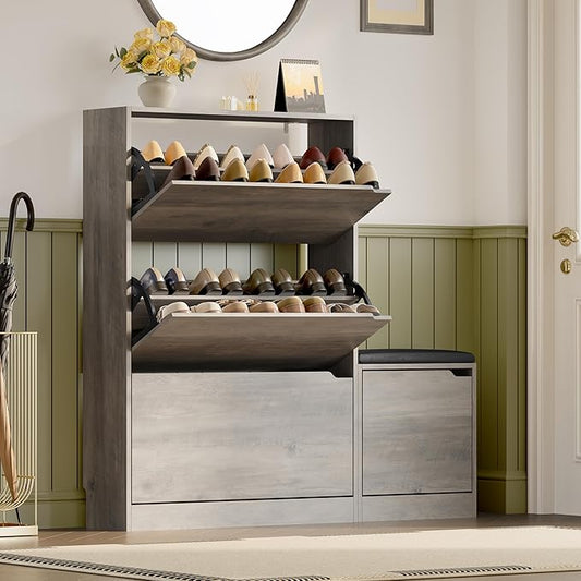 BORNOON Shoe Cabinet with Bench and 3 Flip Drawers, Slim Narrow Shoe Storage Cabinet, Freestanding Shoe Rack Organizer with Adjustable & Removable Shelves, Anti-Tip for Entryway, Hallway, Foyer