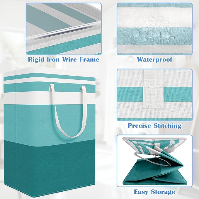 BlissTotes 3-Pack Laundry Basket, Freestanding＆Waterproof Laundry Hamper, Collapsible Tall Clothes Hamper with Easy Carry Handles for Clothes, Towels in the Family and Dorm,Gradient Green,88L