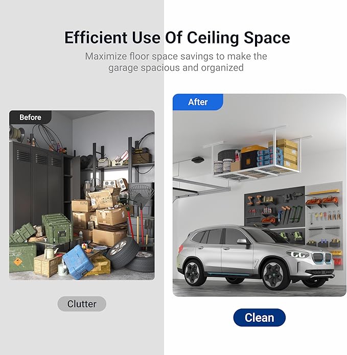 FLEXIMOUNTS 3x6 Overhead Garage Storage Adjustable Ceiling Rack 72" Length x 36" Width x 40" Height, 450lbs Weight Capacity, White, Classic Series
