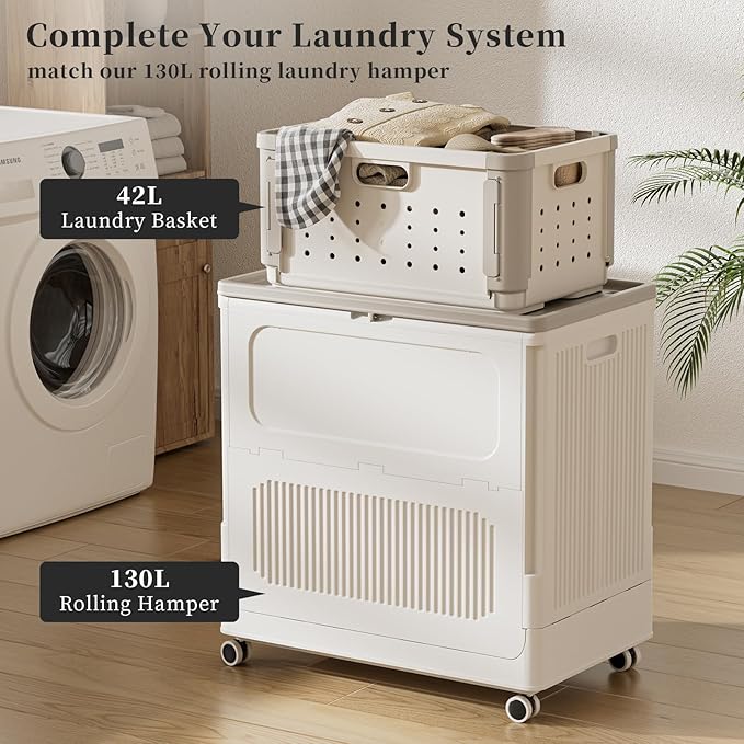 HAIXIN HOME Laundry Basket with Divider for Pre-Sorting, 42L Stackable Plastic Laundry Hamper on Wheel, Dirty Clothing Storage Organizer Bin with Handles for Closet, Bedroom, Bathroom - 1 Pack