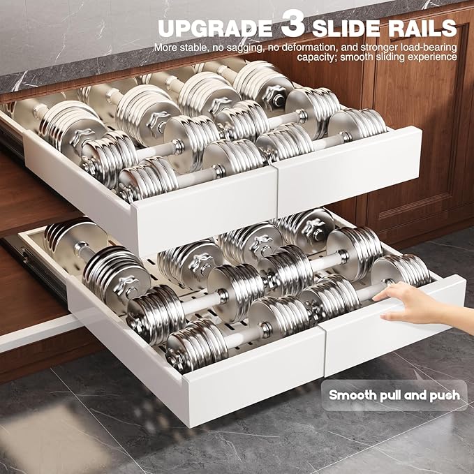 Seinloes 2 Pack Pull Out Cabinet Organizer Expandable Width(13"-21") and Depth(17"-24"), Slide Out Drawers With Raising Pad for Framed Cabinets, No Drill Roll Out Shelves for kitchen, Bathroom, White