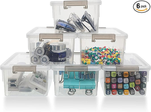 Citylife 1.3 QT 6 Pack Small Storage Bins Plastic Storage Container Stackable Box with Lids for Organizing, Clear White