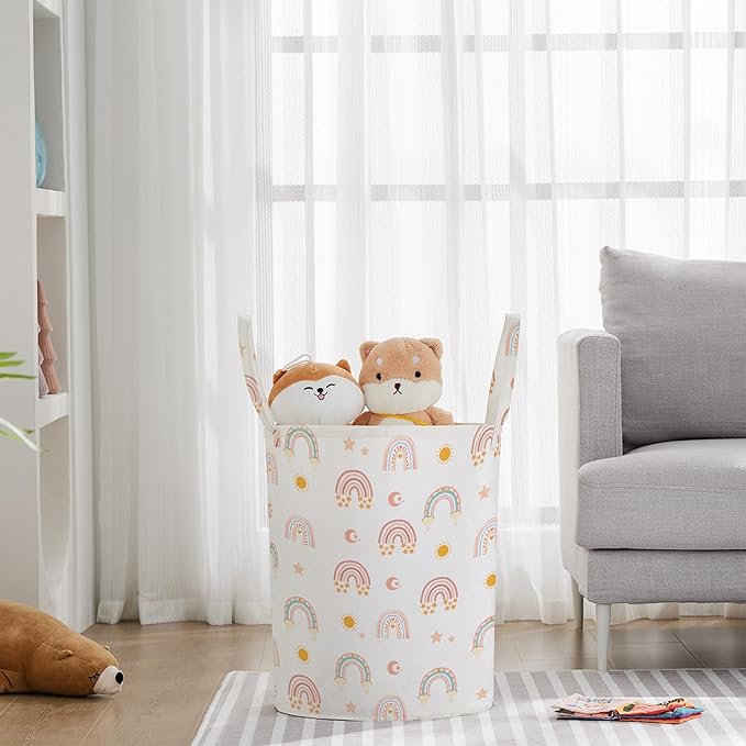 TECHMILLY Large Storage Basket for Girls and Boys, Collapsible Laundry Hamper with Long Handles, Toy Bins for Nursery, Kids Room Décor (Rainbow)