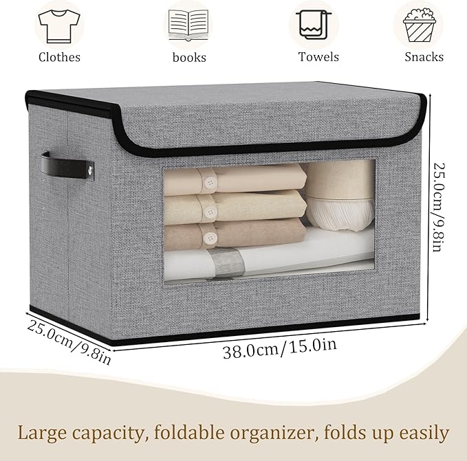 Fabric Storage Bins with Lids, Decorative Storage Boxes, 15 x 9.8 x 9.8 Inch Closet Organizers for Shelves with Handles, Gray, 5-Pack