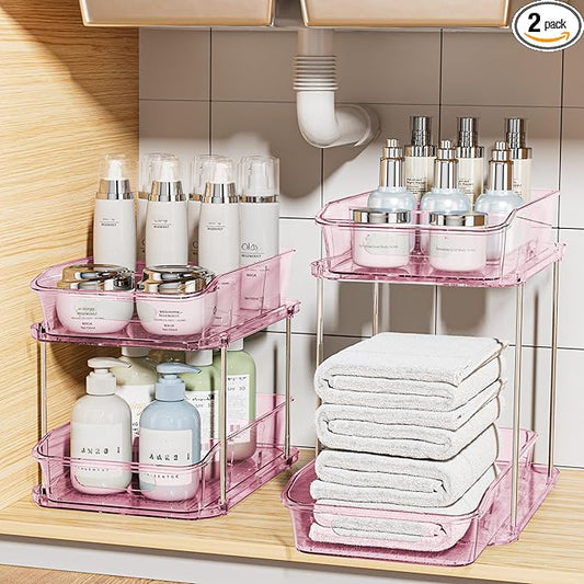 Delamu 2-Tier Under Sink Organizers and Storage, Multi-Purpose Stackable Bathroom Cabinet organizers, Pull Out Kitchen Pantry Organization and Storage with Dividers(2 Pack, Pink)