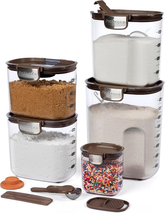 ProKeeper+ Airtight Food Storage Container Set – Clear Plastic Flour and Sugar Canister Set with Magnetic Accessories for Kitchen Organization (Brown, 9-Piece)