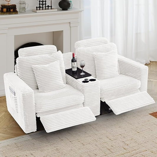 LEVNARY 2-Seater Modular Reclining Sofa with Center Console, Faux Rabbit Fur Power Recliner Loveseat with Cup Holders, USB Charging, Side Pockets & 2 Pillows, Living Room Furniture (White)