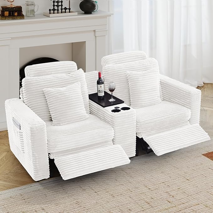 LEVNARY Modular Power Recliner Chair, Faux Rabbit Fur Upholstered Single Seat with Electric Lift Function, Compatible with Modular Sofa System (White)