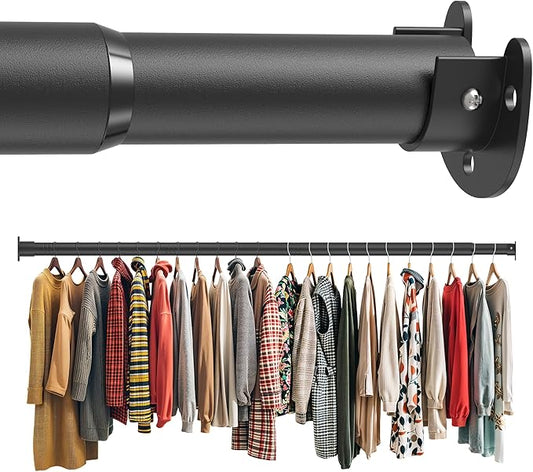 Closet Rod 50-75 Inches, Adjustable Heavy Duty Metal Black Closet Rods for Hanging Clothes 1.3 Inches Diameter for Wardrobes Laundry