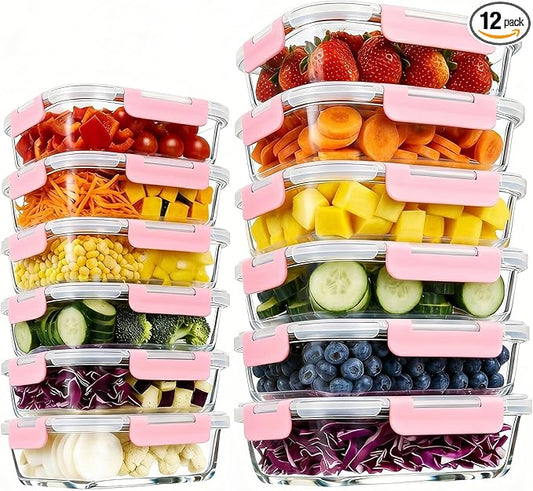 Konokyo Rectangular Glass Food Storage Containers with Lids, 12 Pack Airtight Leakproof Meal Prep Containers, BPA-Free, Microwave Oven Freezer & Dishwasher Safe, Assorted Sizes