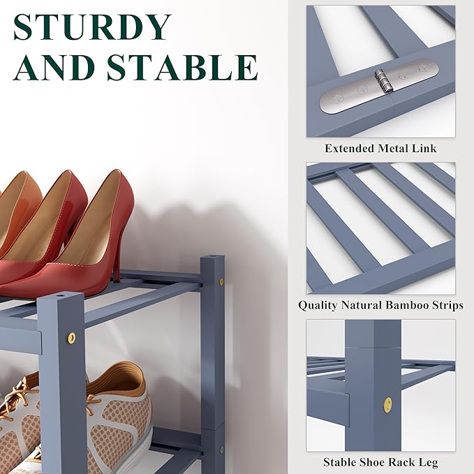 Smiry Shoe Rack, 6 Tier Long Bamboo Shoe Organizer, Stackable Free Standing Wooden Shoe Storage Shelf for Closet, Entryway, Front Door Entrance, Grey