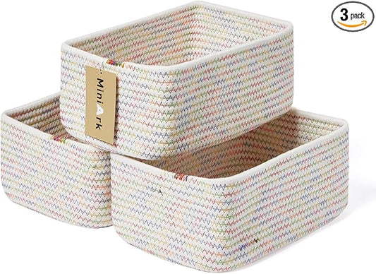 MiniArk Small Storage Baskets for Organizing | Closet Organizer Bins | Shelf Toy Basket | Woven Rope Baskets | Cube Decorative Box | Shallow Basket | 11.5x7.5x4.7” | 3 Packs Rainbow