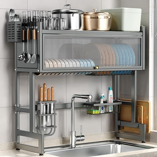 Over The Sink Dish Drying Rack with Cover, Over The Sink Dish Drainer Drying Rack 3 Tier Dish Rack, Keep Kitchen Sink Shlef Organized Space-Saving for Dishes and Cutlery (Matte Gray, 33.4" Length)