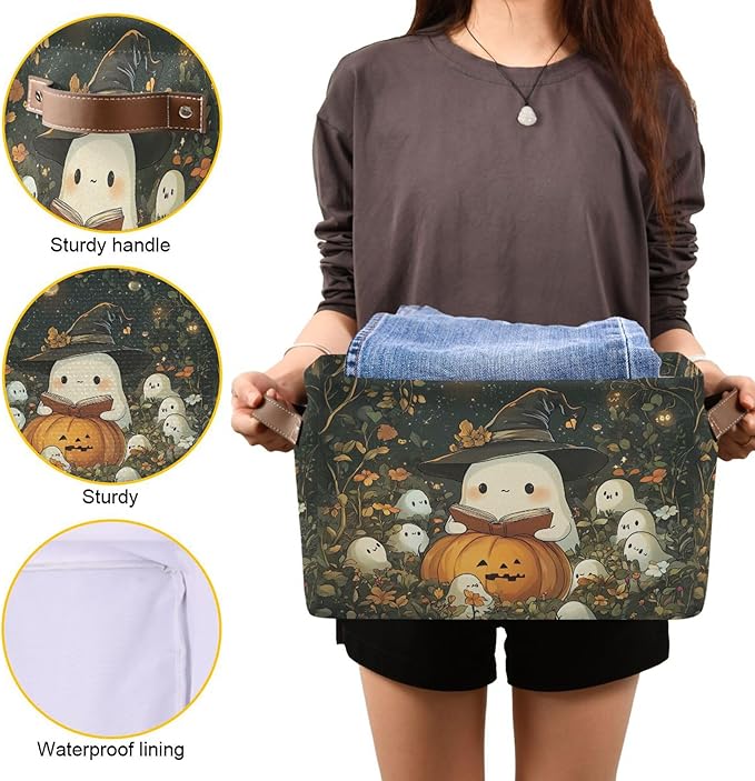 xigua Cute Ghost Wearing Witch Hat Storage Basket Foldable Storage Bin, Canvas Rectangular Storage Basket with Leather Handles for Home Closet & Office Decoration