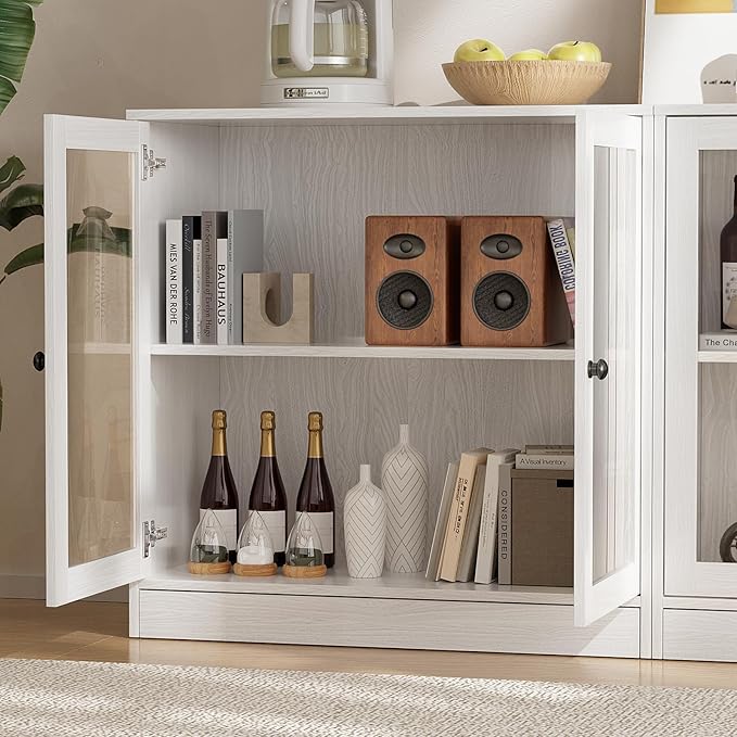 TUSY 71" TV Stand Storage Set - 2 Tall Bookcases & 2 Side Cabinets, Media Console with Glass & Wood Doors, Entertainment Center with Drawers, Tall Media Console for Living Room (White, ADDA)