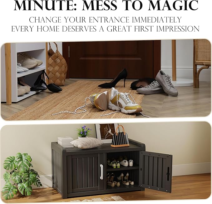 EasyUp Shoe Bench Waterproof,Resin Shoe Cabinet,Outdoor Storage,Industrial Hallway Bench with Adjustable Shelves for Entryway,Living Room,Bedroom(Black,Double Door)