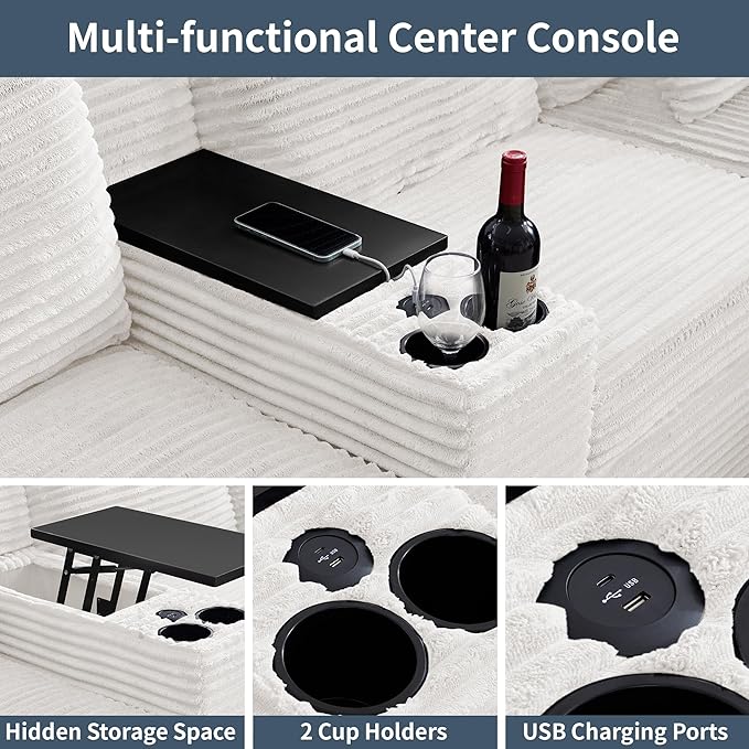 LEVNARY Modular Lift-Top Console with USB Charging and Cup Holders, Center Storage Module for Modular Reclining Sofa (White)