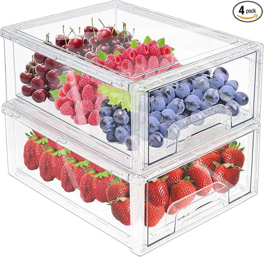 MANO 2Pack Clear Fridge Drawers Pull Out Stackable Refrigerator Drawer Organizer Bins Pantry Storage Box Plastic Food Containers for Kitchen Bathroom Office Closet (Large)