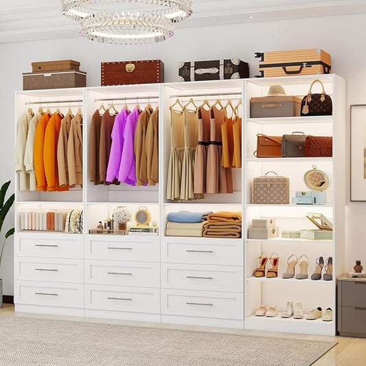 Closet System, 8FT-21FT Closet Organizer Systems with 9 Wooden Drawers 9 Shelves & 5 Hanging Rods, Walk in Closet Small Corner Modular Closet Storage System White 4 Sets (8FT)
