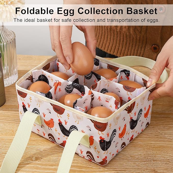 Removable Egg Collecting Basket, Egg Basket for Gathering Fresh Eggs with 9 Pouches, Foldable Canvas Egg Holder, Collector Egg for Chicken, Duck, Goose, Collection (Cartoon Chicken)