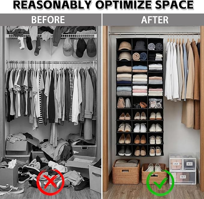 coastal rose Hanging Shoe Organizer for Closet, 30 Sections Hanging Closet Organizers and Storage Shelves, Space Saving Hanging Shoe Storage, Black, 17''W×11.5''Dx 48''H