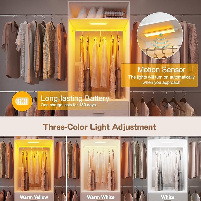 Wooden Closet System With LED Light 11FT Closet Organizer with 3 Wooden Drawers Walk-in Closet Organizer System with Tower and 4 Extendable Hanging Rods White