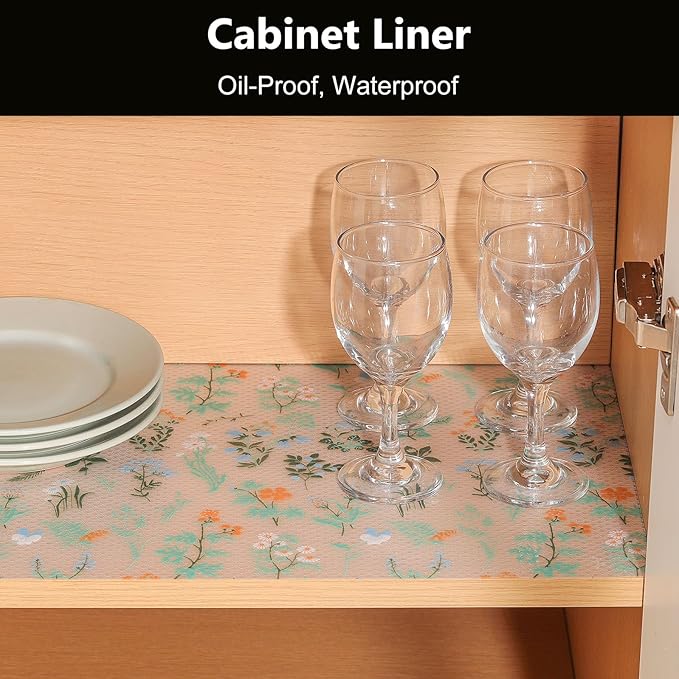 INNOLITES Shelf Liners for Kitchen Cabinets – Drawer Liner Waterproof & Oil-Proof, Non-Adhesive EVA with Floral Pattern – Durable Washable, Easy to Cut (Sage Green, 11.8" x 360")