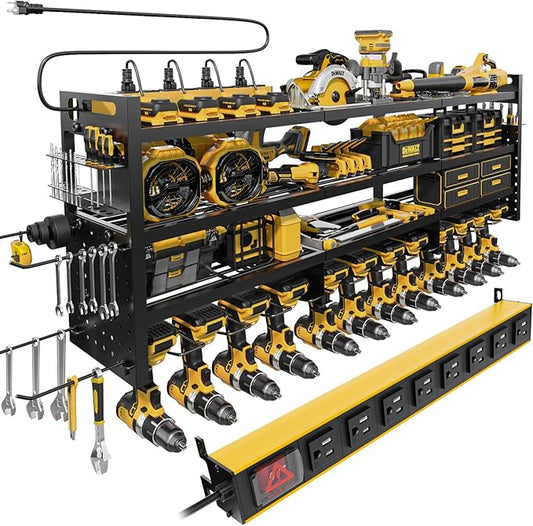 Power Tool Organizer Wall Mount | 8-Outlet TR Charging Station | Garage Storage Rack with Cordless Drill Holder | Heavy Duty Metal Shelf for Workshop Organization