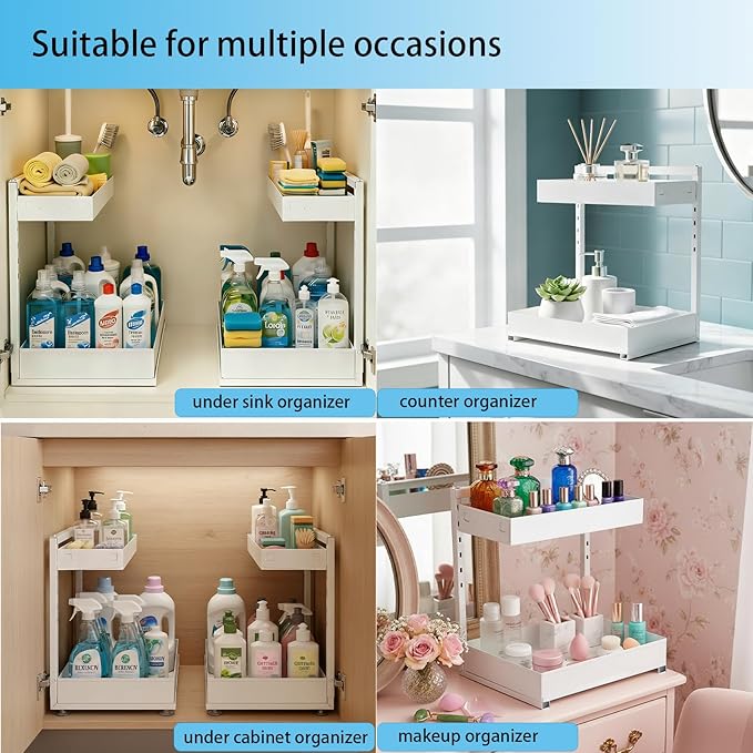 TATAANTY Under Sink Organizer 2 Pack, 2 Tier Metal Under the Sink Storage, Heavy Duty Slide out Pull out Cabinet Organizer, Height Adjustable Pull Out Cabinet Organizer for Kitchen Bathroom
