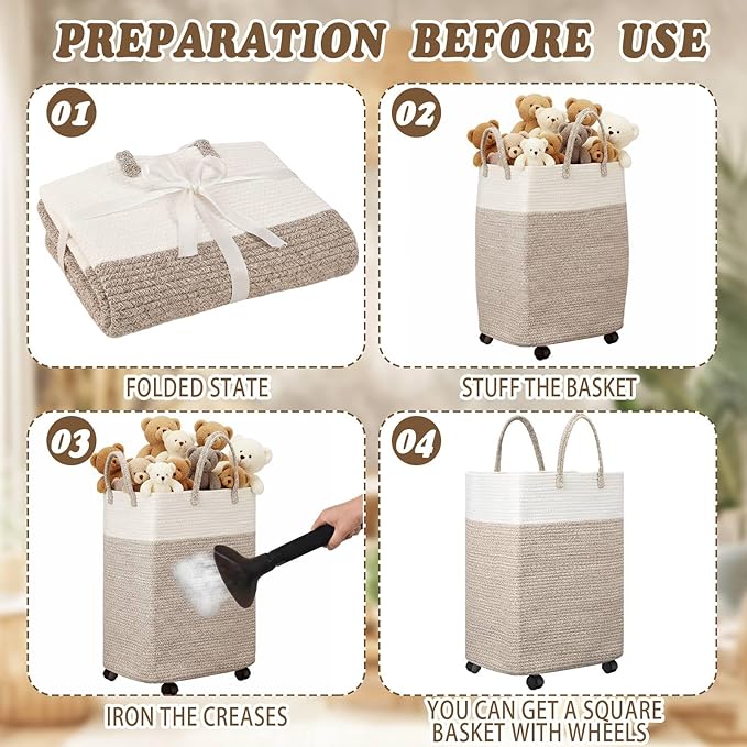 LemonRoad Woven Laundry Basket with Wheels 65L Cotton Rope Laundry Woven Hamper Nursery Storage Basket for Toys Large Dirty Clothes Blankets Bedroom Rice Brown