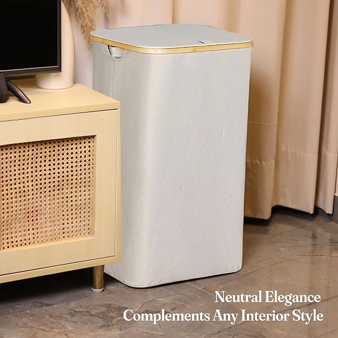 Fine Living 100L Large Laundry Hamper with Lid, Narrow Foldable Slim Laundry Basket with Removable Bag & Bamboo Handles, Skinny Tall Dirty Clothes Hamper for Dorm, Bathroom & Bedroom, Ivory