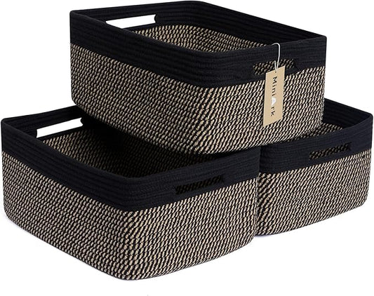 MiniArk Large Storage Baskets for Shelves, Closet Organizers Bins for Clothes Blanket Towels, Baby Nursery, Toy Baskets Box, Woven Rope Baskets, 17 x 13 x 7.5”, 3 Packs Woven Brown