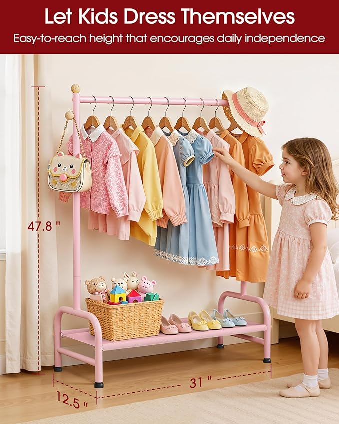 Sakugi Clothes Rack - Sturdy Metal Kids Clothing Rack with Bottom Storage Shelf & Adjustable Feet, Dress Up Storage for Toddler's Bedrooms, Nurseries, Playrooms, 31" x 12.5" x 47.8", Pink