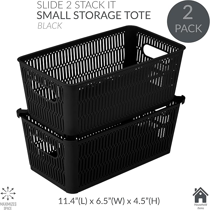 Simplify 2Pk Small Slide 2 Stack It Tote Basket | Storage & Organization | Open Bins with Stackable Capability | Bathroom | Crafts | Pantry | Playroom | Office | Black