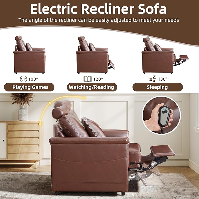 LEVNARY 3-Seater Modular Reclining Sofa, Upholstered Faux Leather Power Recliner Couch with 3 Electric Seats, 3 Pillows & Side Pockets, Adjustable Back & Footrest, Living Room Furniture (Brown)