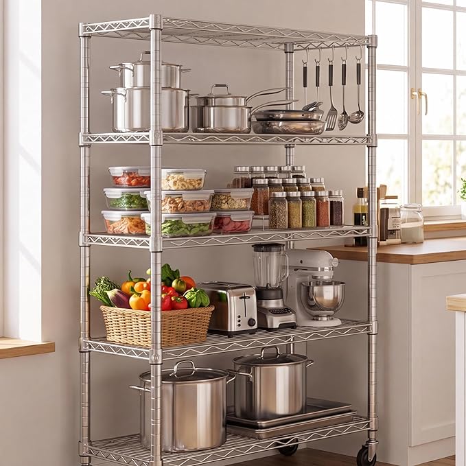 PrimeZone 2 Pack Steel Storage Wire Shelving 5 Tier Metal Shelves with Wheels,Adjustable Kitchen Utility Shelving Unit,Pantry Rack Rolling Metal Shelf Laundry,Chrome 24" Wx18 Dx75 H