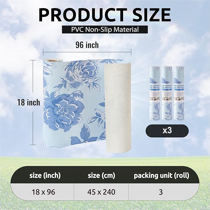 FIFTY FEET 18X96 Inch Shelf Liner for Kitchen Cabinets, PVC Drawer Liner for Dresser Non-Slip Bathroom, Non-Adhesive Cabinet Liner Washable (Blue Flower)(3 Roll)