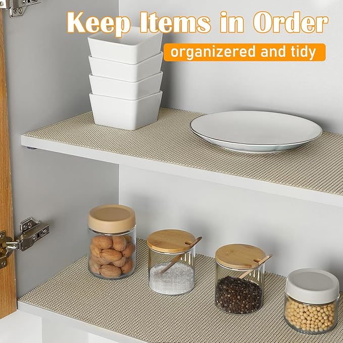 Songrey Non-Adhesive Drawer and Shelf Liner, Non Slip Cabinet Liners, Protect Kitchen Cupboard, Bathroom Drawers, Breathable, Thick Strong Grip mat (23.6IN x 20FT, Beige)