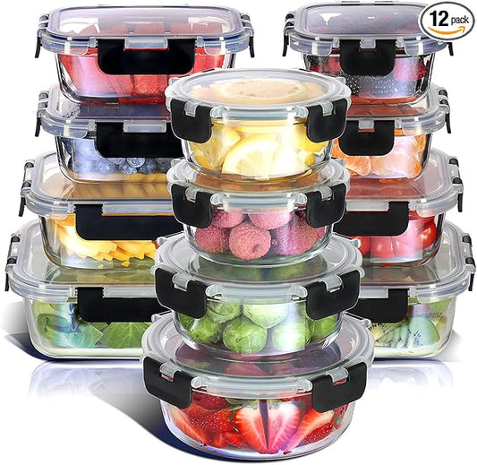 Nestl 24pc (12 Airtight, Freezer Safe Food Storage Containers and 12 Lids), Pantry Kitchen Storage Containers, Glass Meal Prep Container for Lunch, Glass Storage Containers with Lids Black