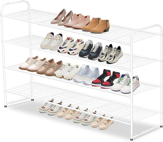 AOODA 4 Tier Long Metal Shoe Rack for Closet Wide Stackable Shoe Storage Organizer for Entryway, Bedroom, Floor, Holds 30 Pairs Men Sneakers Large Boot Shelf with Wire Grid, White