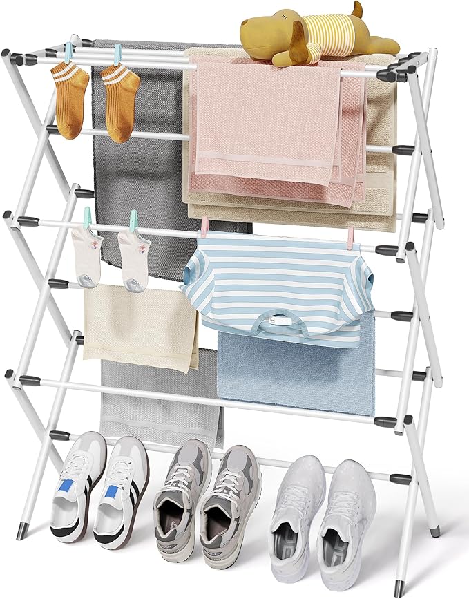 Sakugi Foldable Clothes Drying Rack – Metal Laundry Drying Rack with Non-Slip Feet, 3-Tier Space-Saving Clothing Rack for Organization, Indoor & Outdoor Use, 11.4"D x 29.1"W x 37.4"H, White and Black