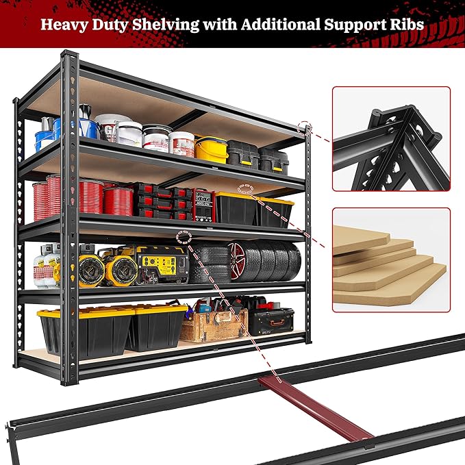 REIBII Garage Shelving 72''H Storage Shelves,Metal Shelving 5 Tier Shelves Adjustable Pantry Shelf for Closet Pantry Basement Kitchen Warehouse 72" H x 40" W x 20" D,2500LBS
