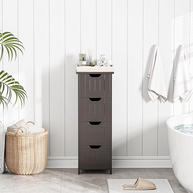 SUPER DEAL Small Bathroom Storage Cabinet with 4 Drawers, Freestanding Narrow Wooden Side Storage Organizer for Bathroom Hallway Living Room, Brown