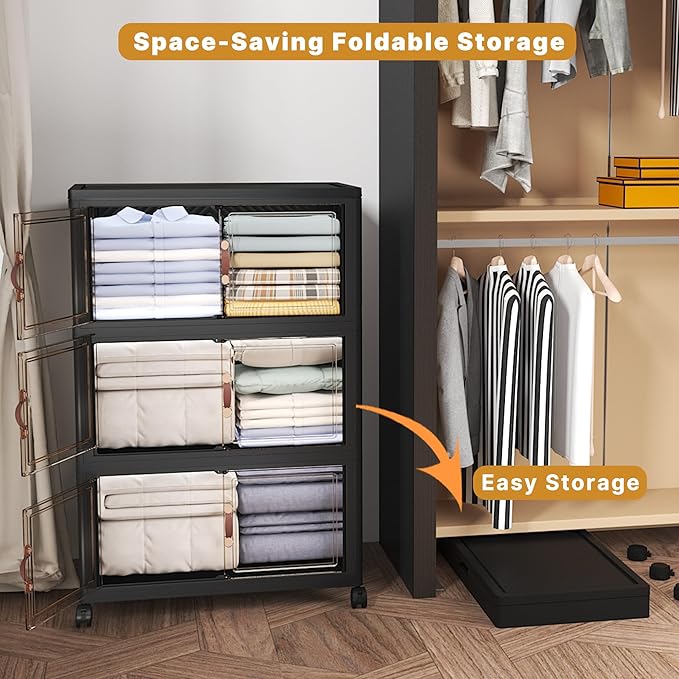 UAMFURI Extra Large Stackable Storage Bins with Lids & Wheels, 360QT-120QT/30GAL*3Pack Foldable Collapsible Closet Organizers Storage Cabinet with Doors for Bedroom Dorm
